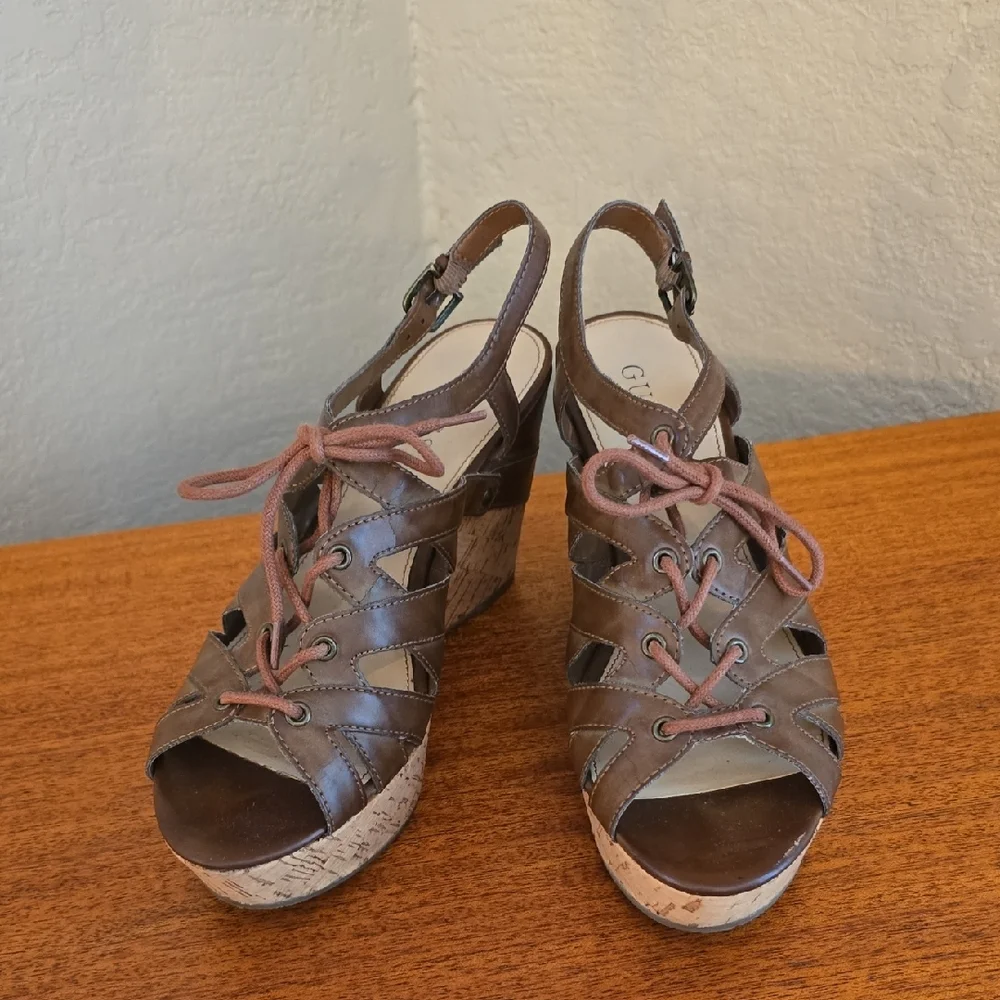 Guess Tan Strappy Lace Up Buckle Wedge Sandals Size 8